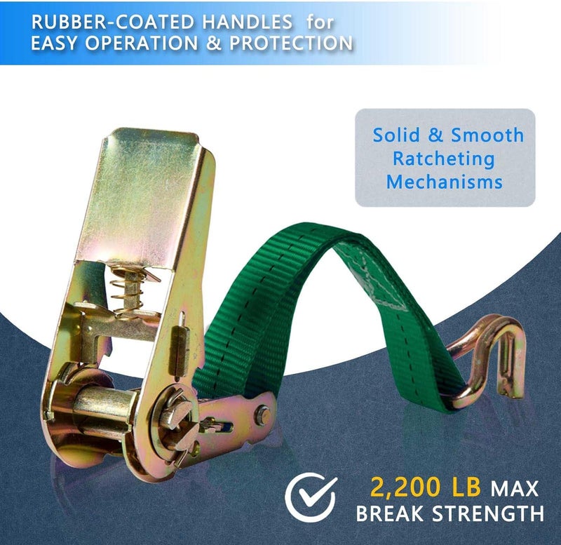 Sweecomb Ratchet Straps (4-Pack), 1 Inch x 16.4 Feet (2200lb Break Strength) with Sturdy Metal Hooks, 1x Work Gloves, Heavy Duty Tie Down Straps for Truck, Cargo Trailer, Motorcycle, Luggage, Moving (Green) - Image 3